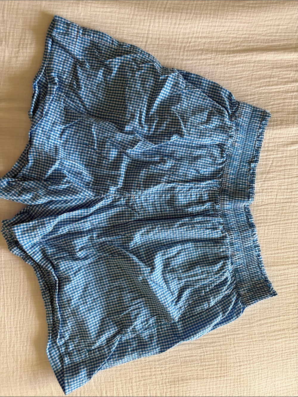 Blue Gingham Elastic Waist Shorts